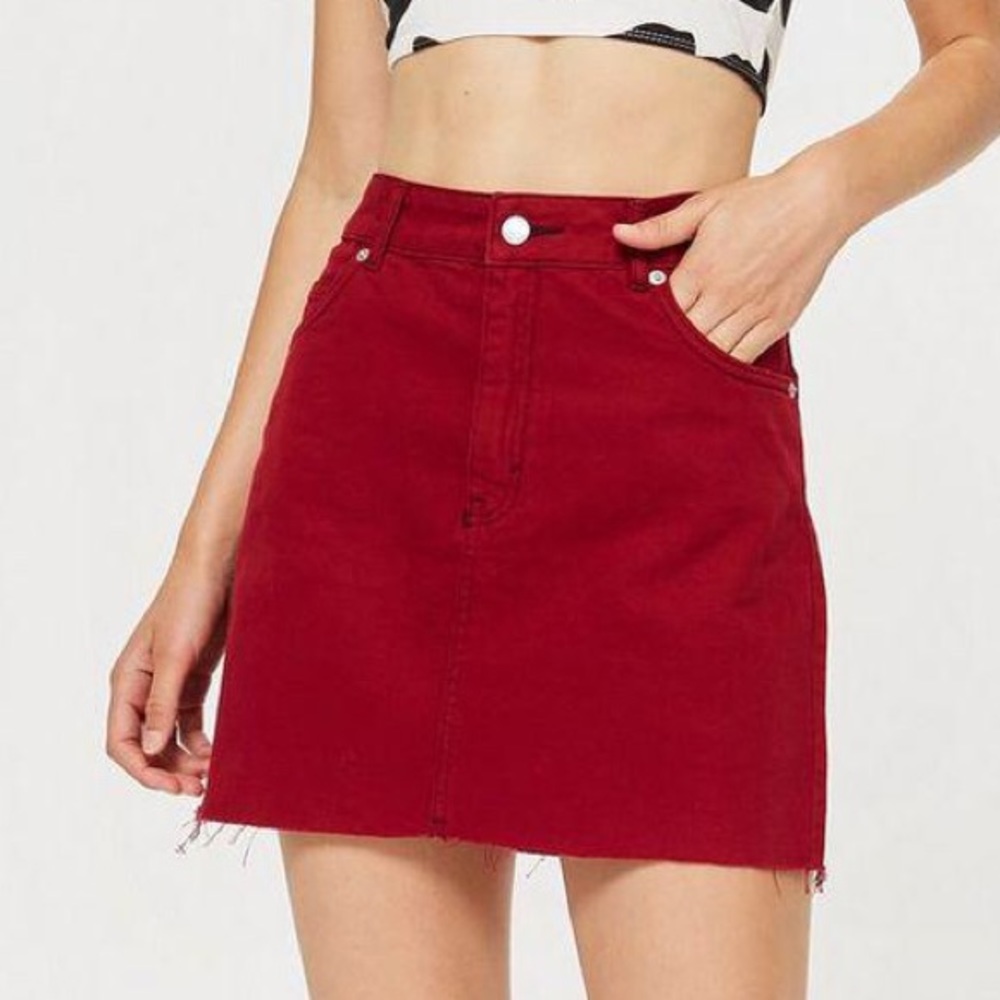 topshop moto cherry red denim skirt